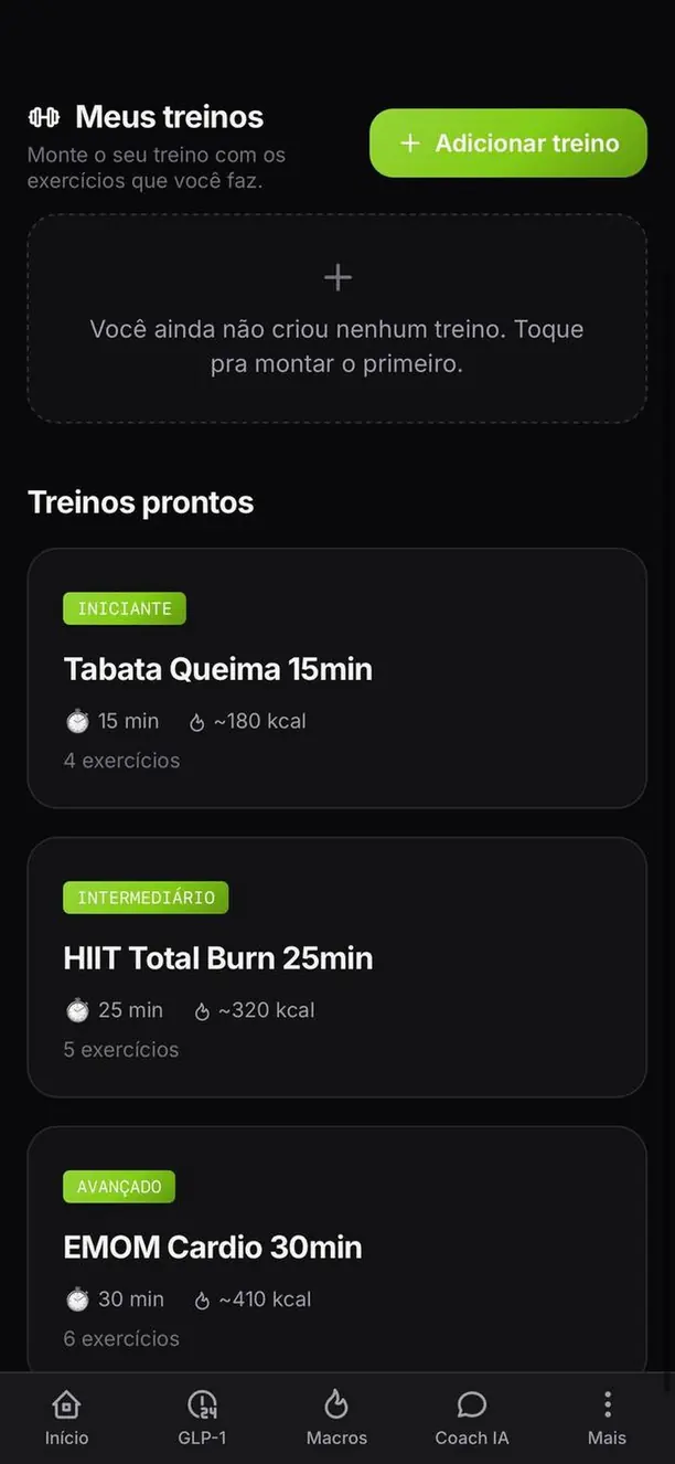 Área de treinos do Kallo com treinos prontos de 15, 25 e 30 minutos.
