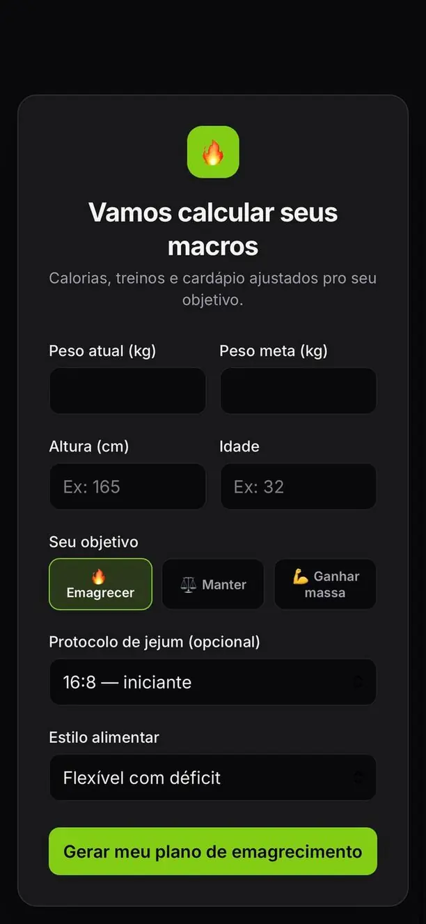 Tela de cálculo de macros do Kallo, com peso atual, peso meta, altura, idade e objetivo.