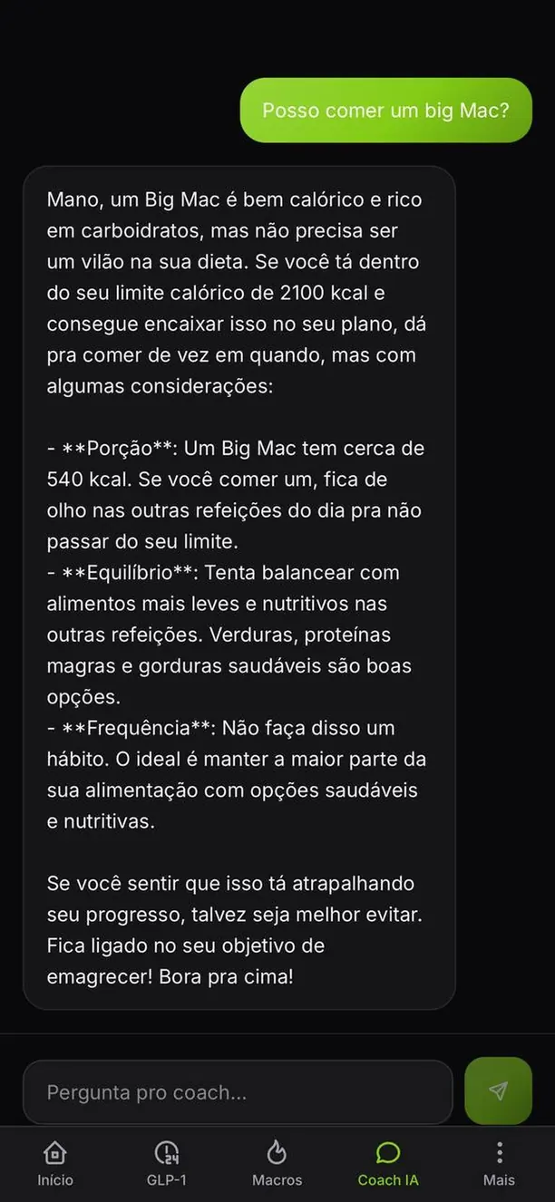Conversa com o Coach IA do Kallo respondendo se dá para encaixar um lanche no dia.