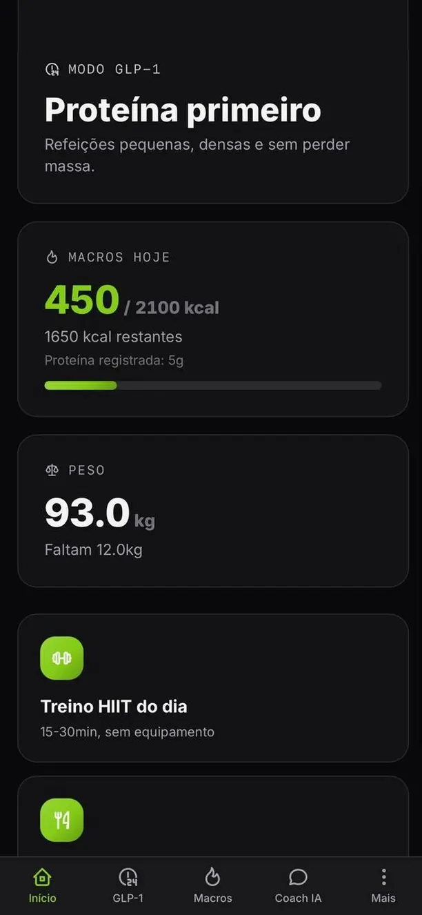 Tela inicial do Kallo mostrando 450 de 2100 kcal, 1650 kcal restantes e o peso atual.
