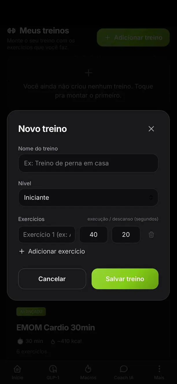 Tela de criação de treino no Kallo, com nome, nível e lista de exercícios com tempo de execução e descanso.
