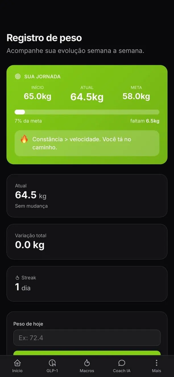 Tela de registro de peso do Kallo mostrando peso inicial, atual e meta, variação total e sequência de registros.