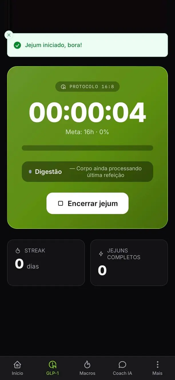 Timer de jejum do Kallo em andamento, mostrando o tempo decorrido, a meta de 16 horas e o streak.